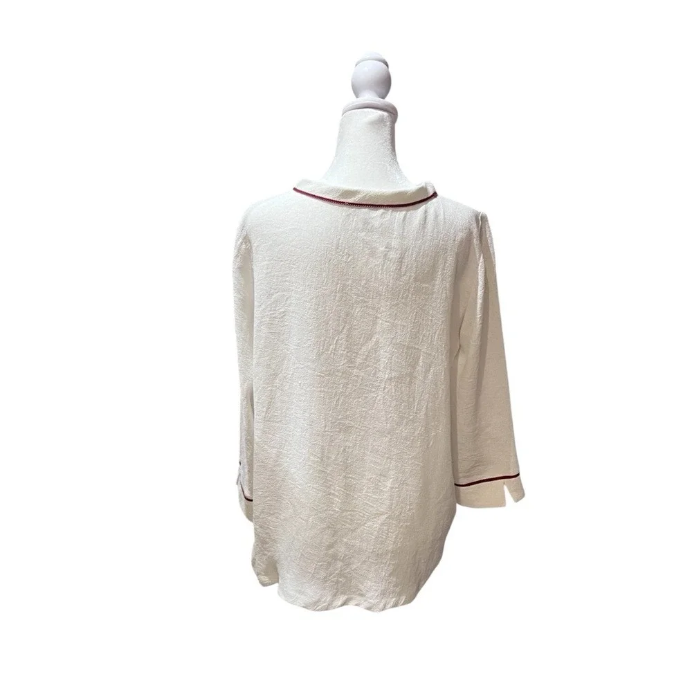 Maje White Crepe Dainty Keyhole‎ Minimalist Blouse Red Trim  3/4 Sleeve Medium
